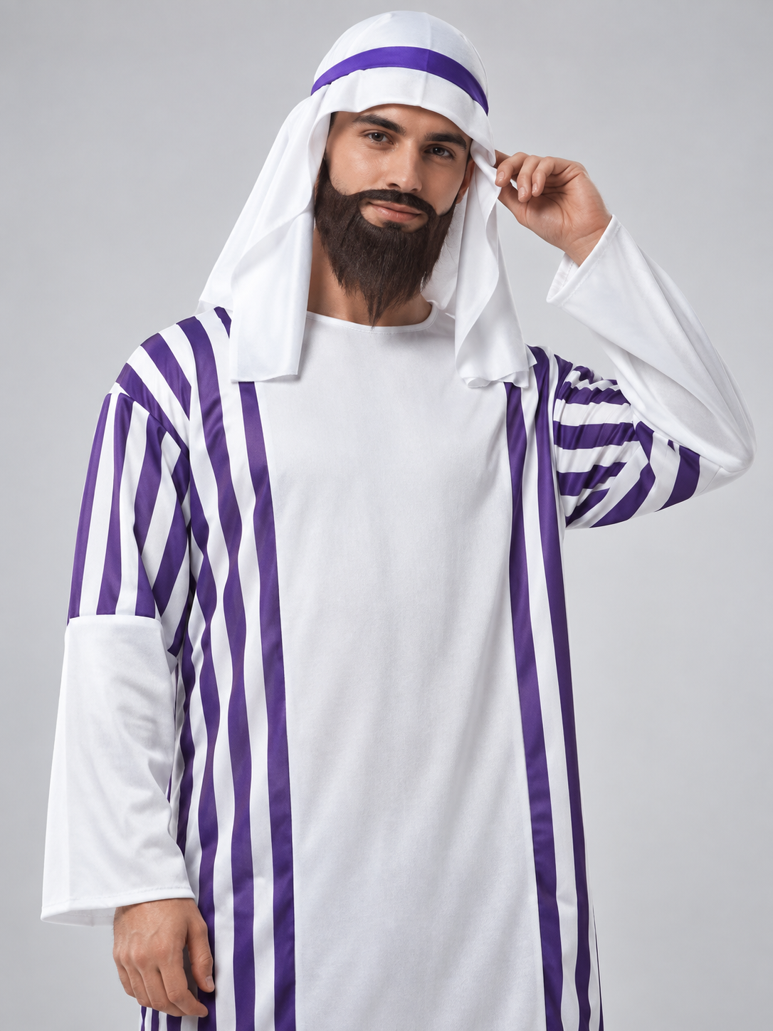 White carnival costume with purple stripes