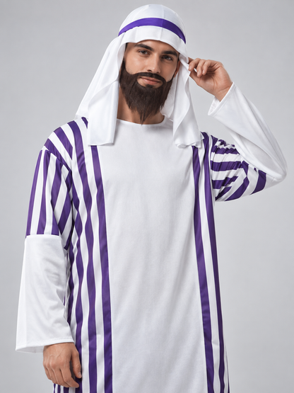 White carnival costume with purple stripes