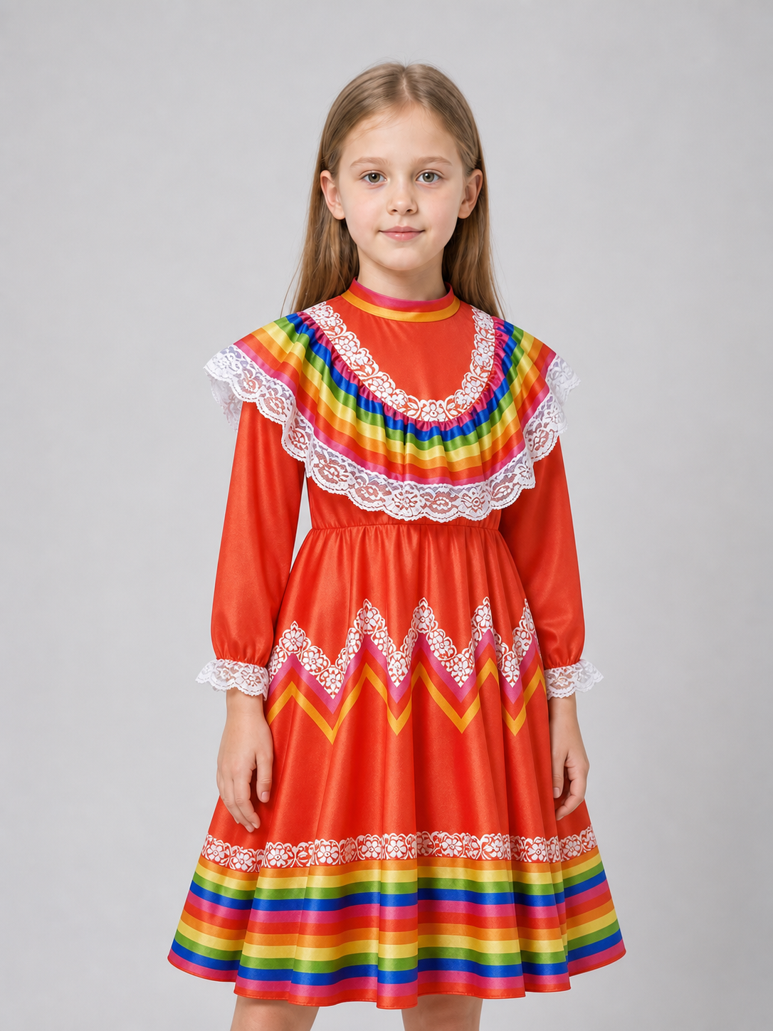 Folk Dress with Ruffles and Rainbow Inserts