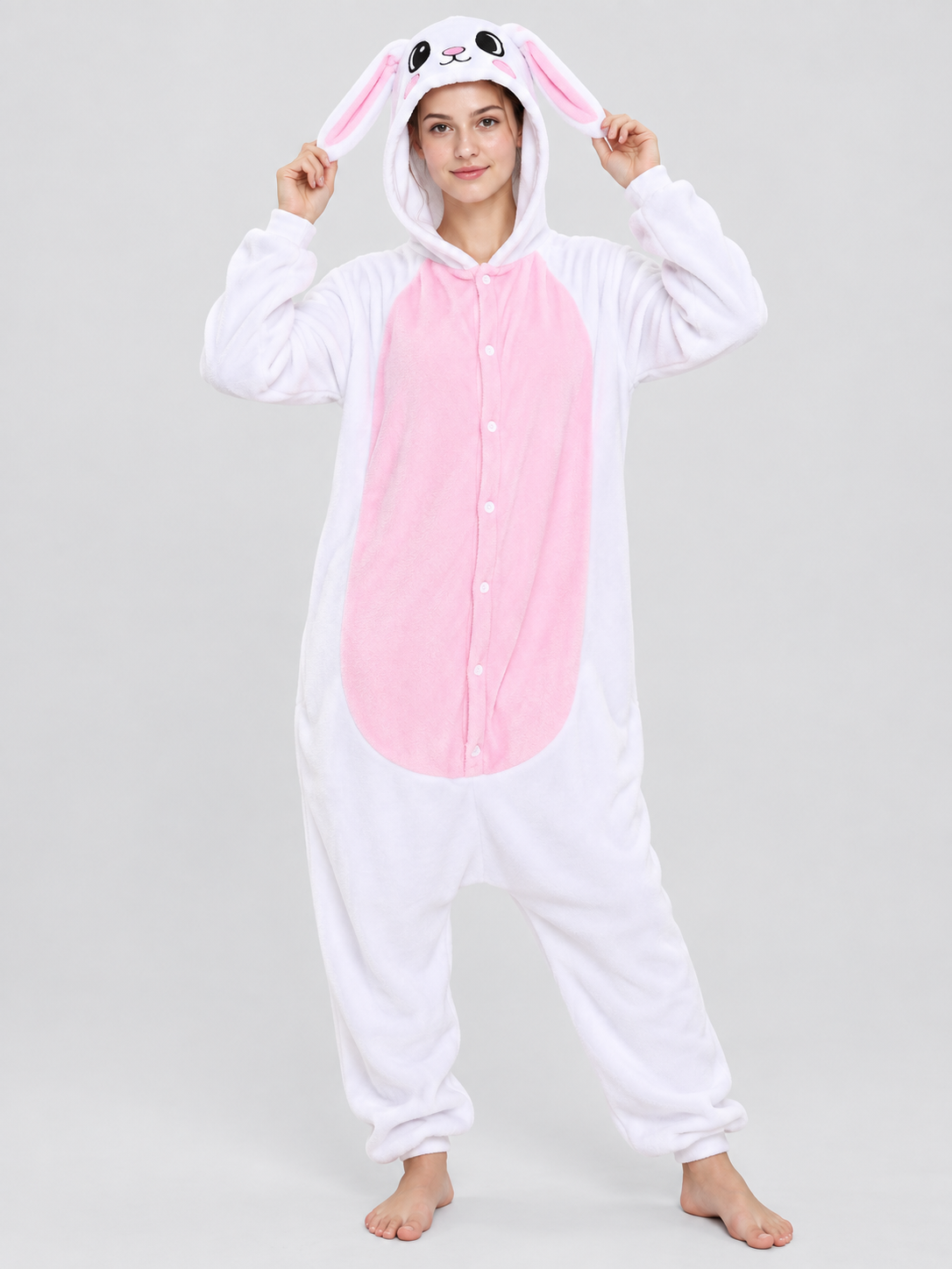 Flannel Pajama Jumpsuit, White with Animal Hood