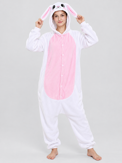 Flannel Pajama Jumpsuit, White with Animal Hood
