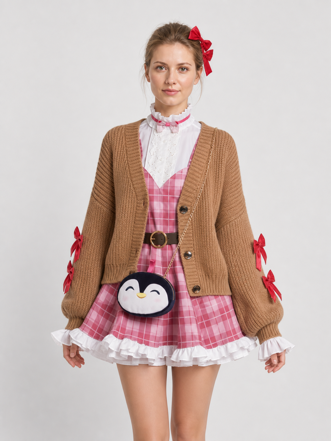 Penguin Cosplay Costume with Plaid Dress and White Ruffles Costume Dresses detail 3