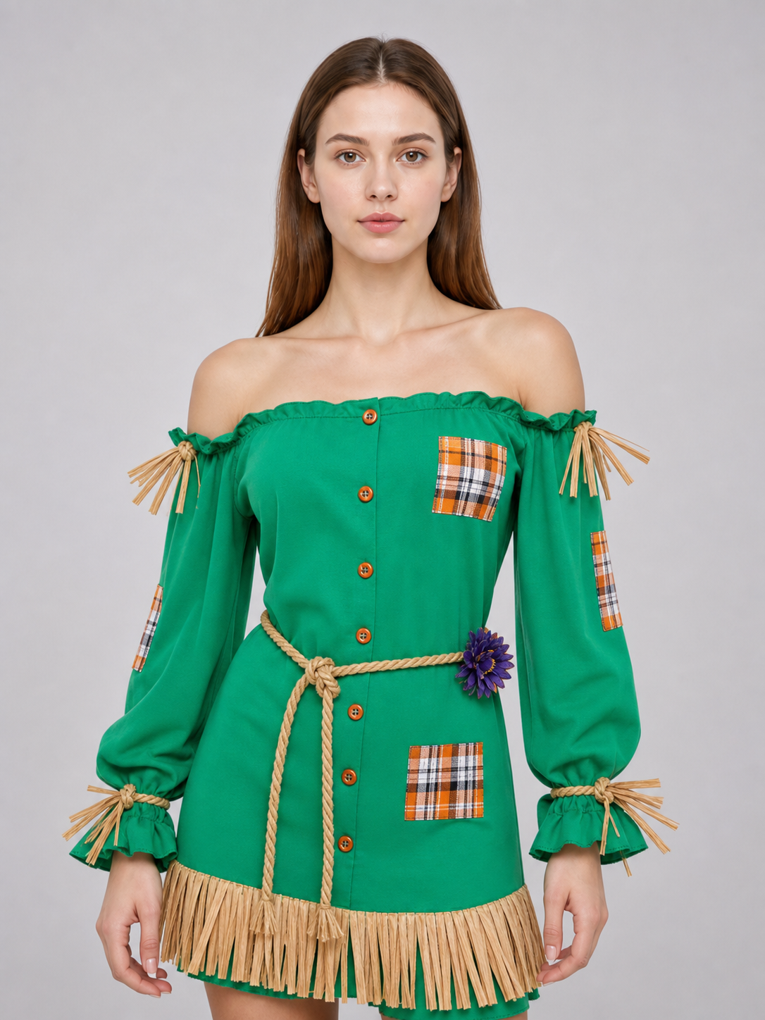 Scarecrow Costume with Hat, Dress, Pants, and Fringe