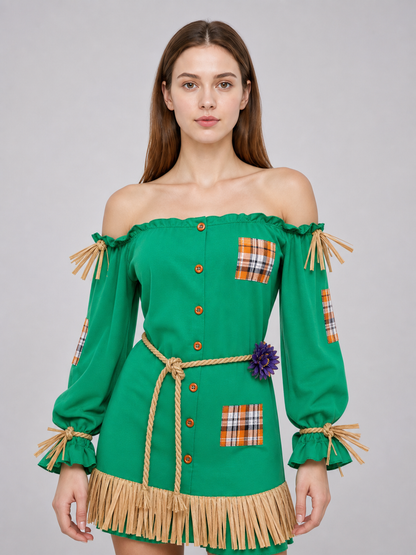 Scarecrow Costume with Hat, Dress, Pants, and Fringe