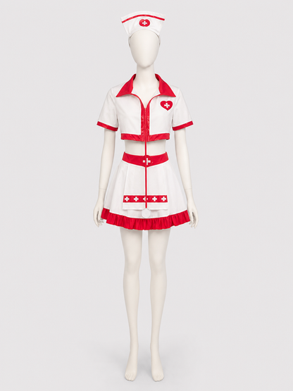 White and Red Nurse Costume with Skirt and Cap