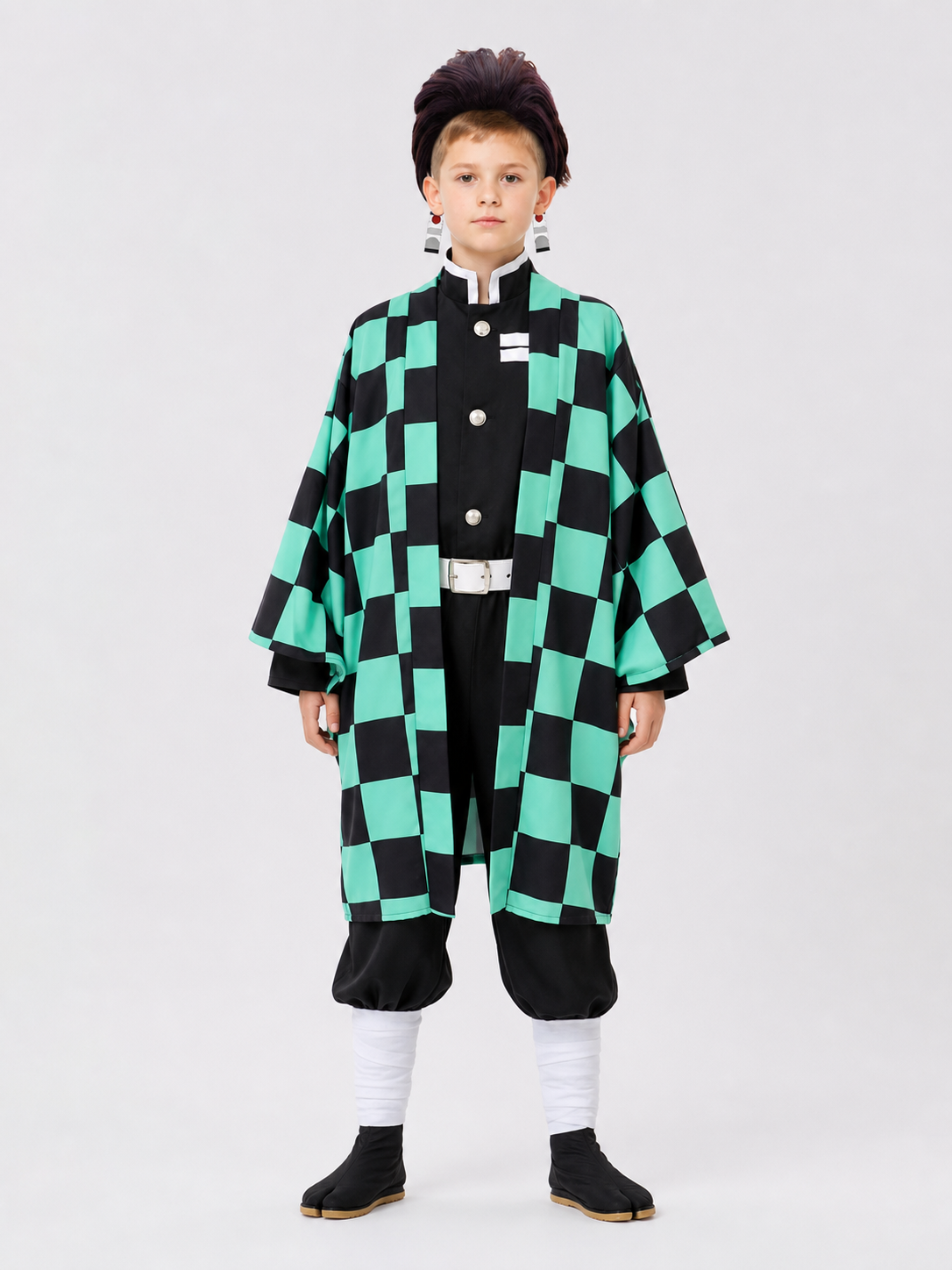 Tanjiro Cosplay Costume: Checkered Cape, Pants, and Wig Costume Capes detail 3