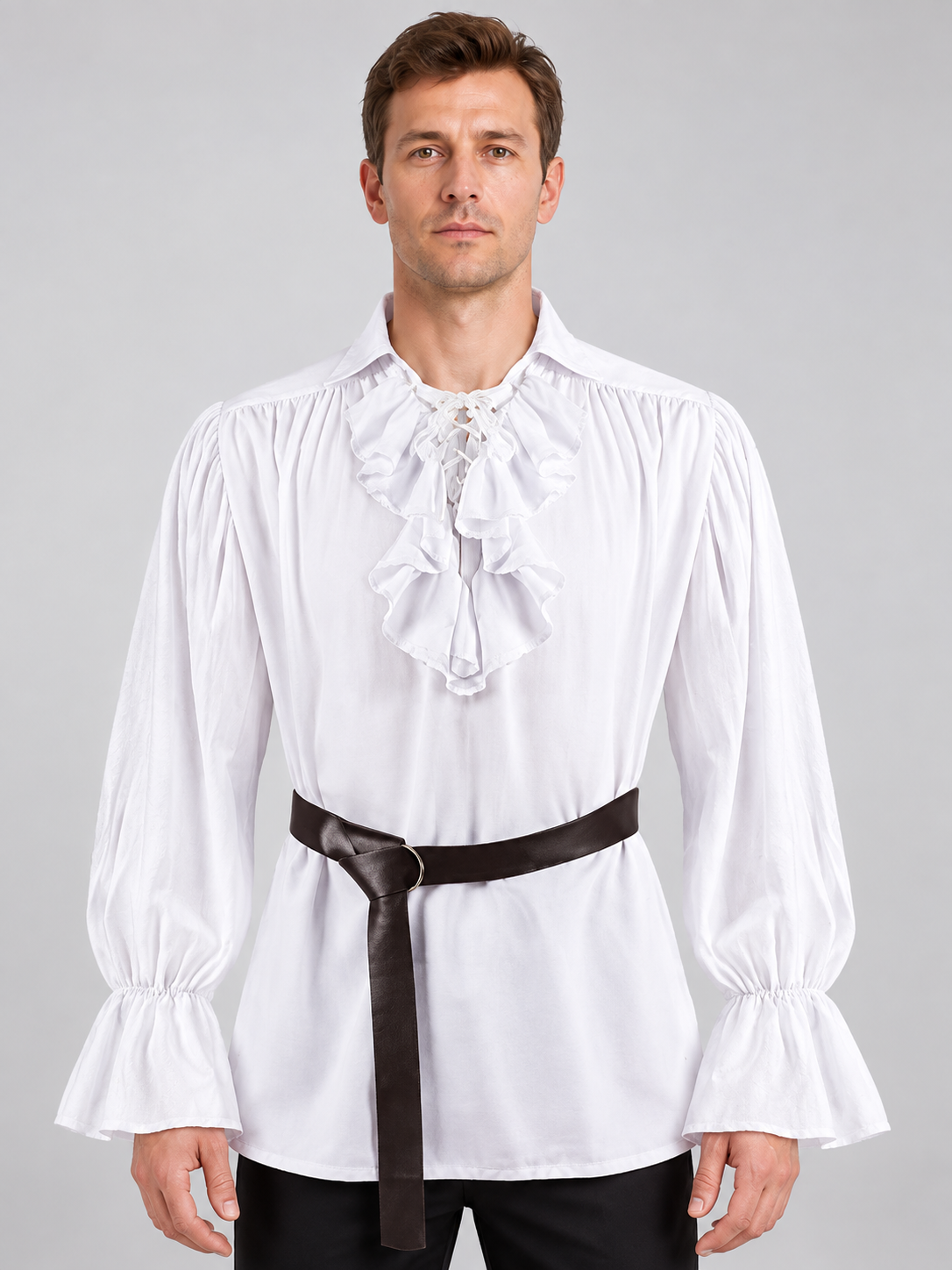 White shirt with jabot, ruffles and long sleeves, with belt