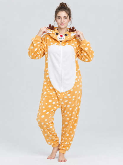 Yellow-Orange Fleece Pajama Jumpsuit with White Spots