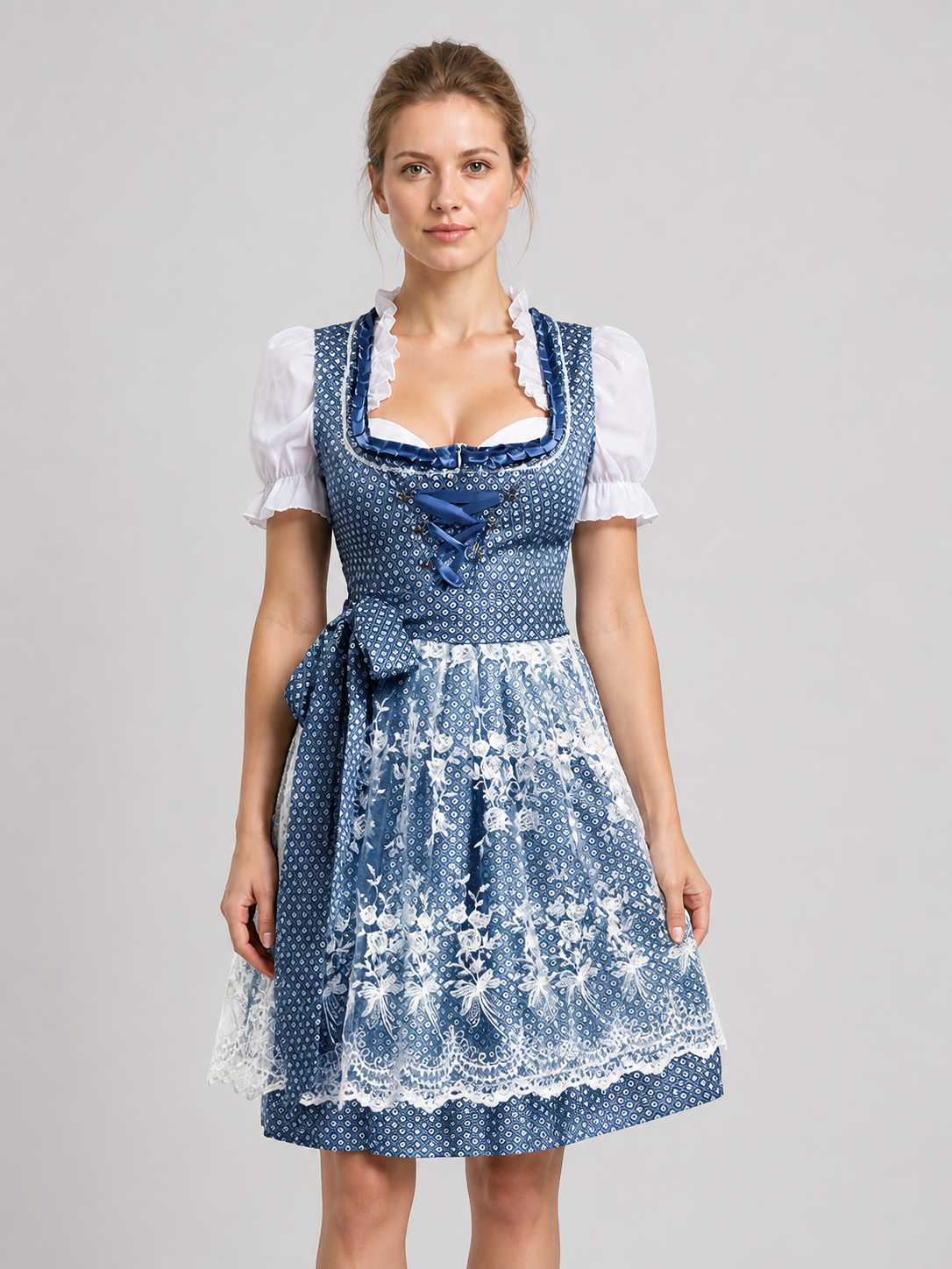 Traditional Bavarian Blue and White Dress with Lace Costume Dresses detail 3