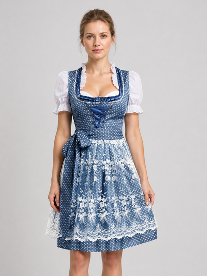 Traditional Bavarian Blue and White Dress with Lace Costume Dresses detail 3