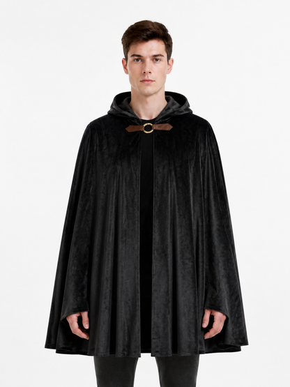Long Black Hooded Cape with Closure Costume Capes detail 3