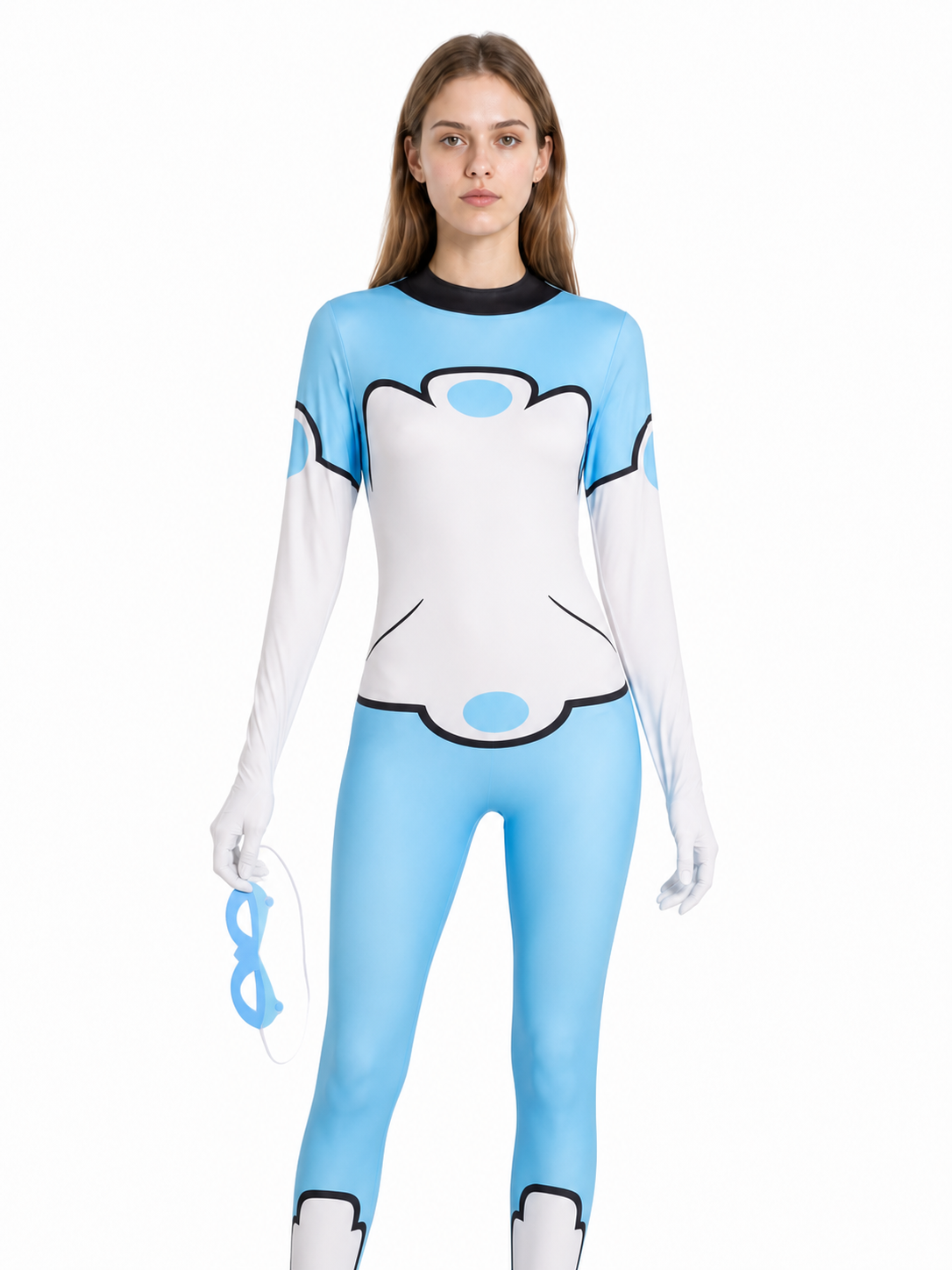 Cosplay jumpsuit with a light blue, white, and black mask Costume Masks detail 3