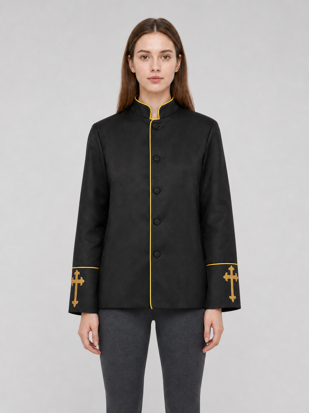 Black stand-collar jacket with gold trim