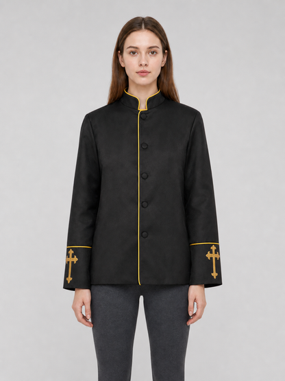 Black stand-collar jacket with gold trim
