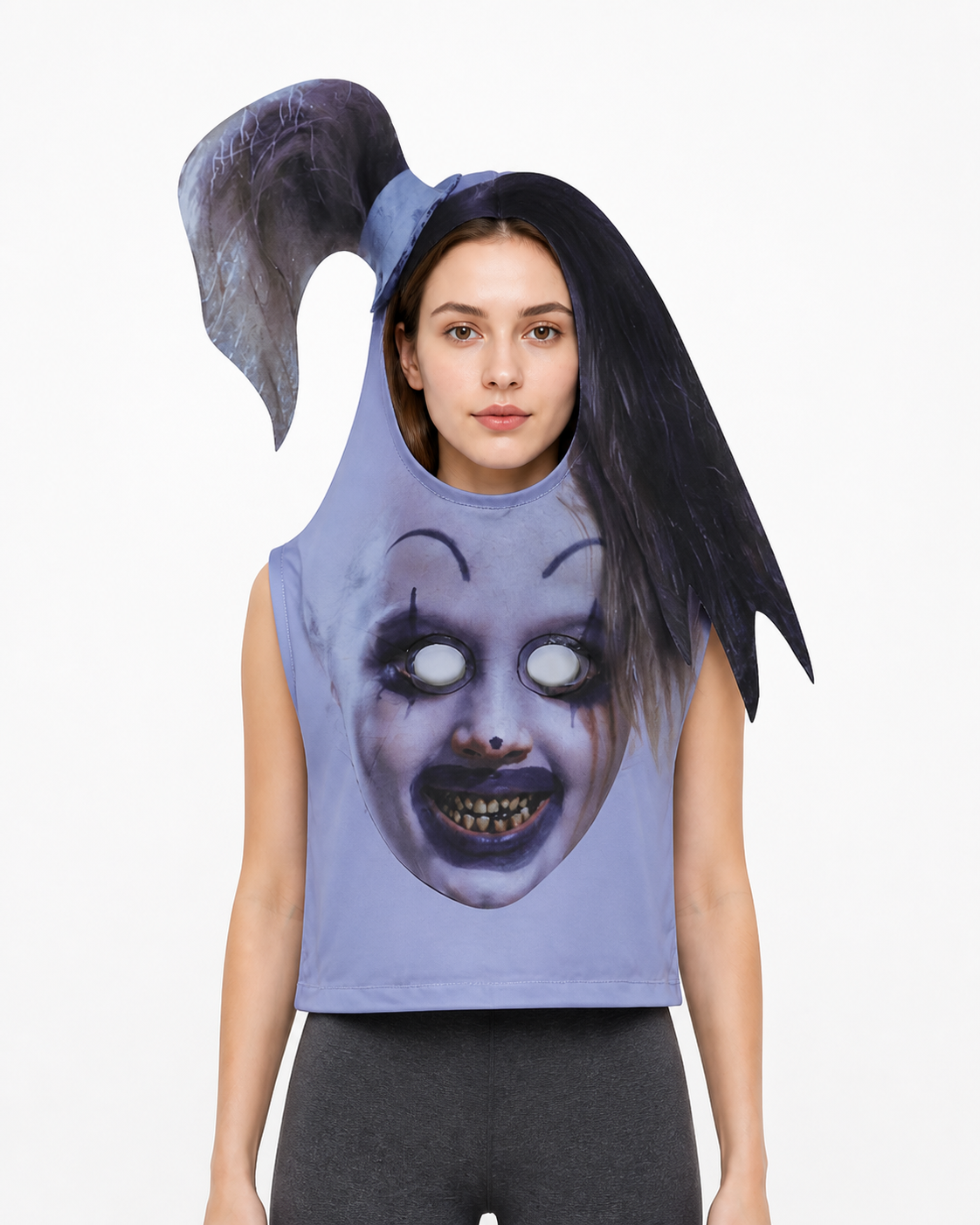 Halloween Mask with a Pointed Hat and Long Hair upper body view