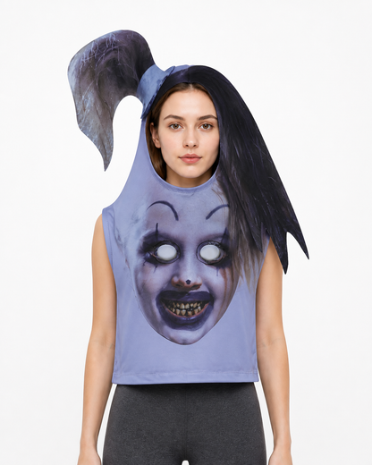 Halloween Mask with a Pointed Hat and Long Hair upper body view