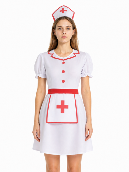 White Nurse Costume with Red Cross and Cap