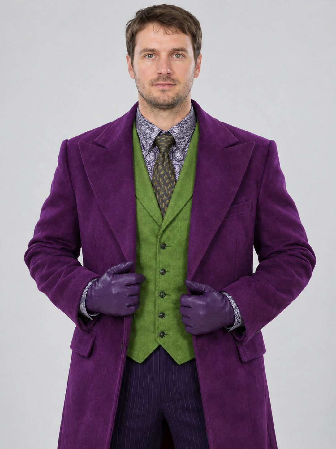 Joker Cosplay Costume: Coat, Vest, Shirt, Pants