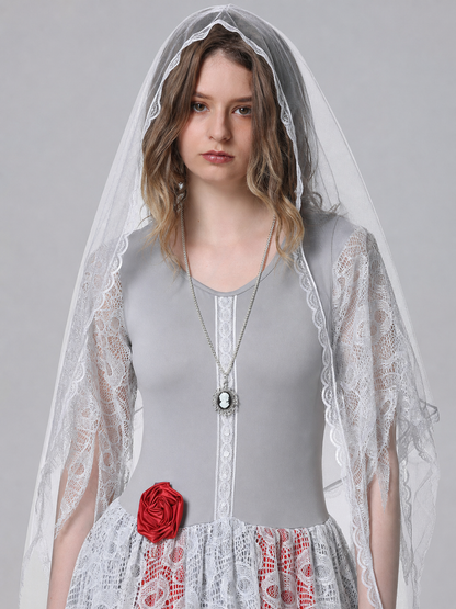 A retro court-inspired costume featuring a gray floor-length dress with white lace details and a veil. The design has a round neckline, long sleeves, a fitted bodice, and a flared skirt. White lace overlay appears on the sleeves and lower p