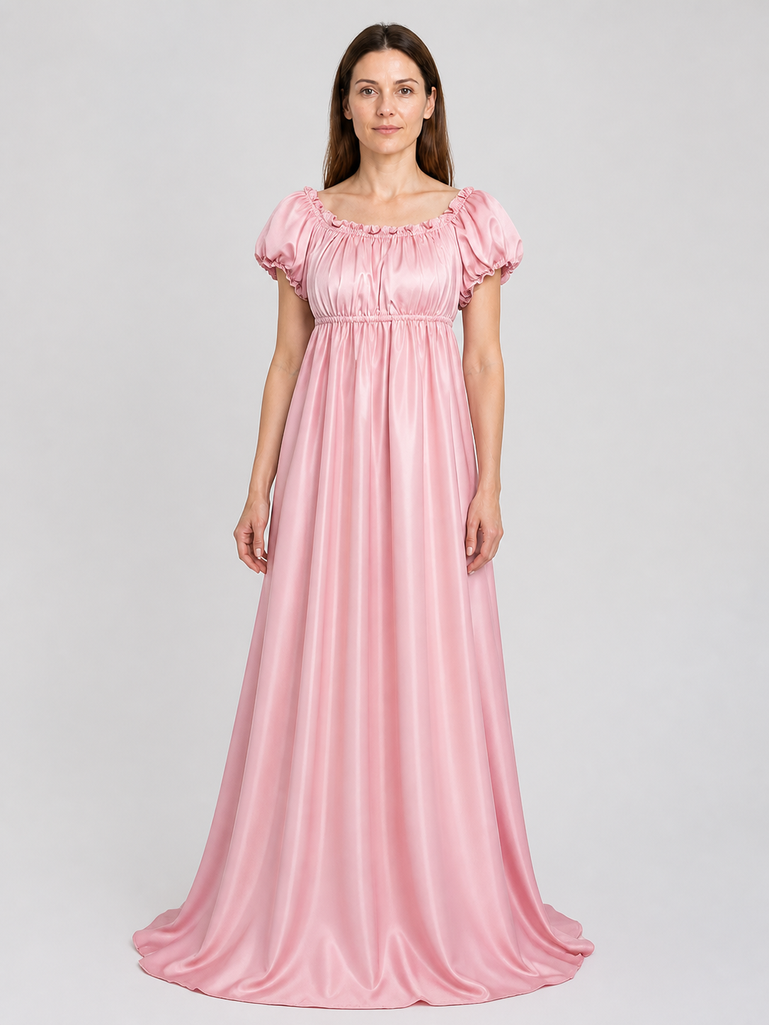 Pink Long Bridgerton Ball Gown with Puff Sleeves Costume Dresses detail 3