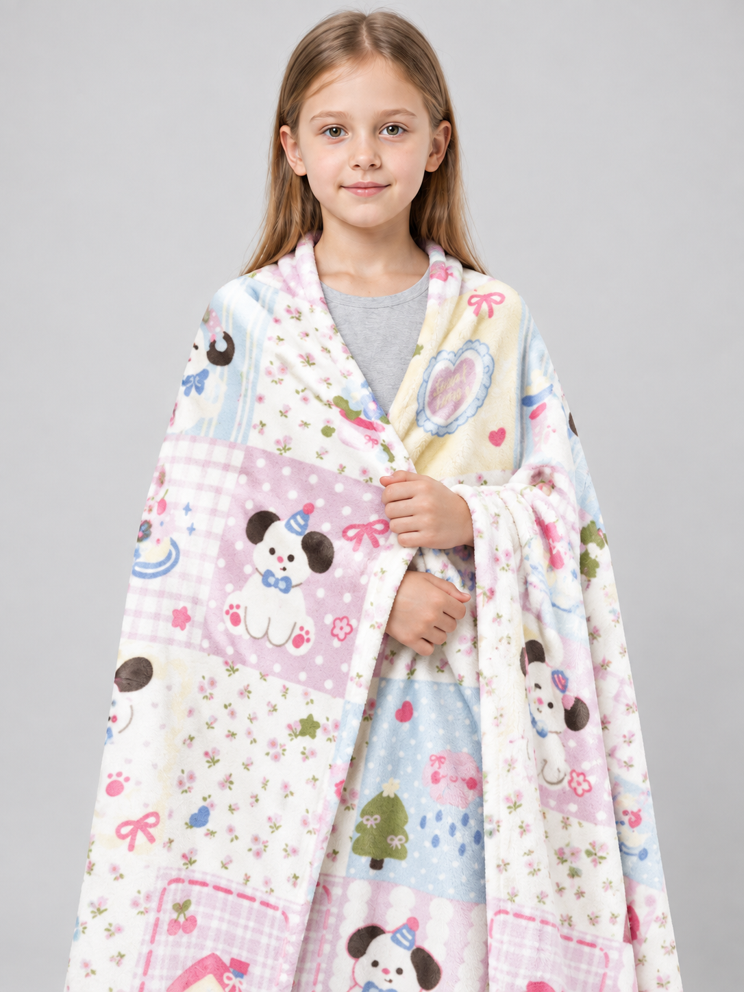 Double-Sided Blanket with Dog, Heart, and Bow Print