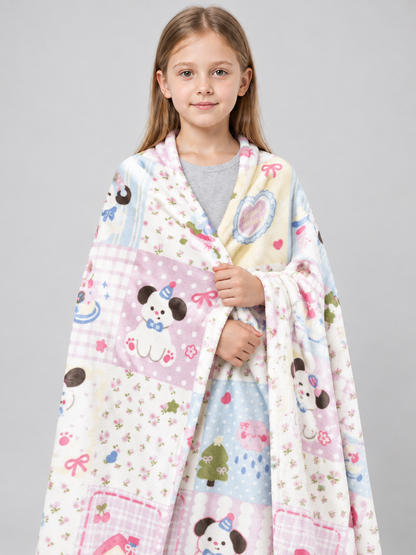 Double-Sided Blanket with Dog, Heart, and Bow Print