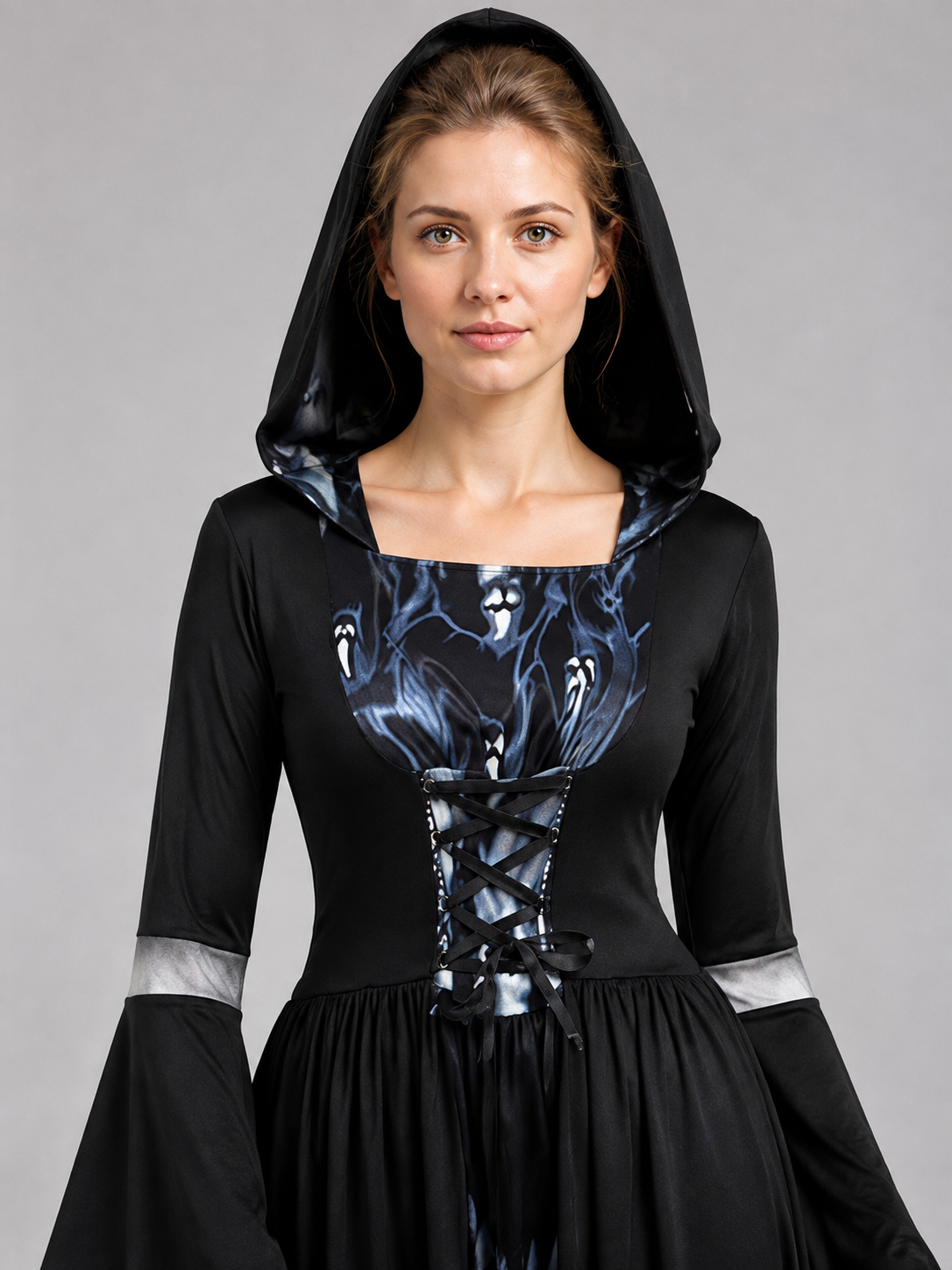 Floor-Length Gothic Hooded Dress with Lace-Up Detail Costume Dresses detail 2