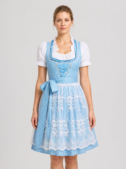 Blue and White Bavarian-Style Dress with Lace Trim Costume Dresses detail 3