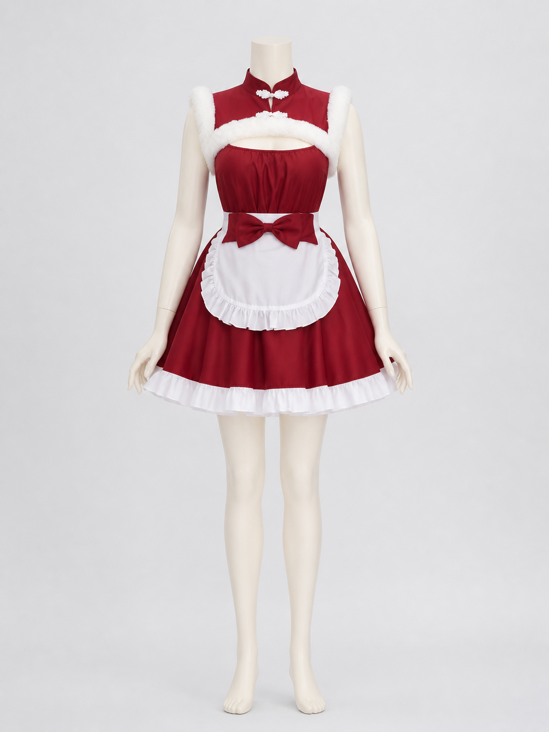Red and White Christmas Dress with Apron and Bow Costume Dresses detail 3