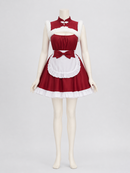 Red and White Christmas Dress with Apron and Bow Costume Dresses detail 3