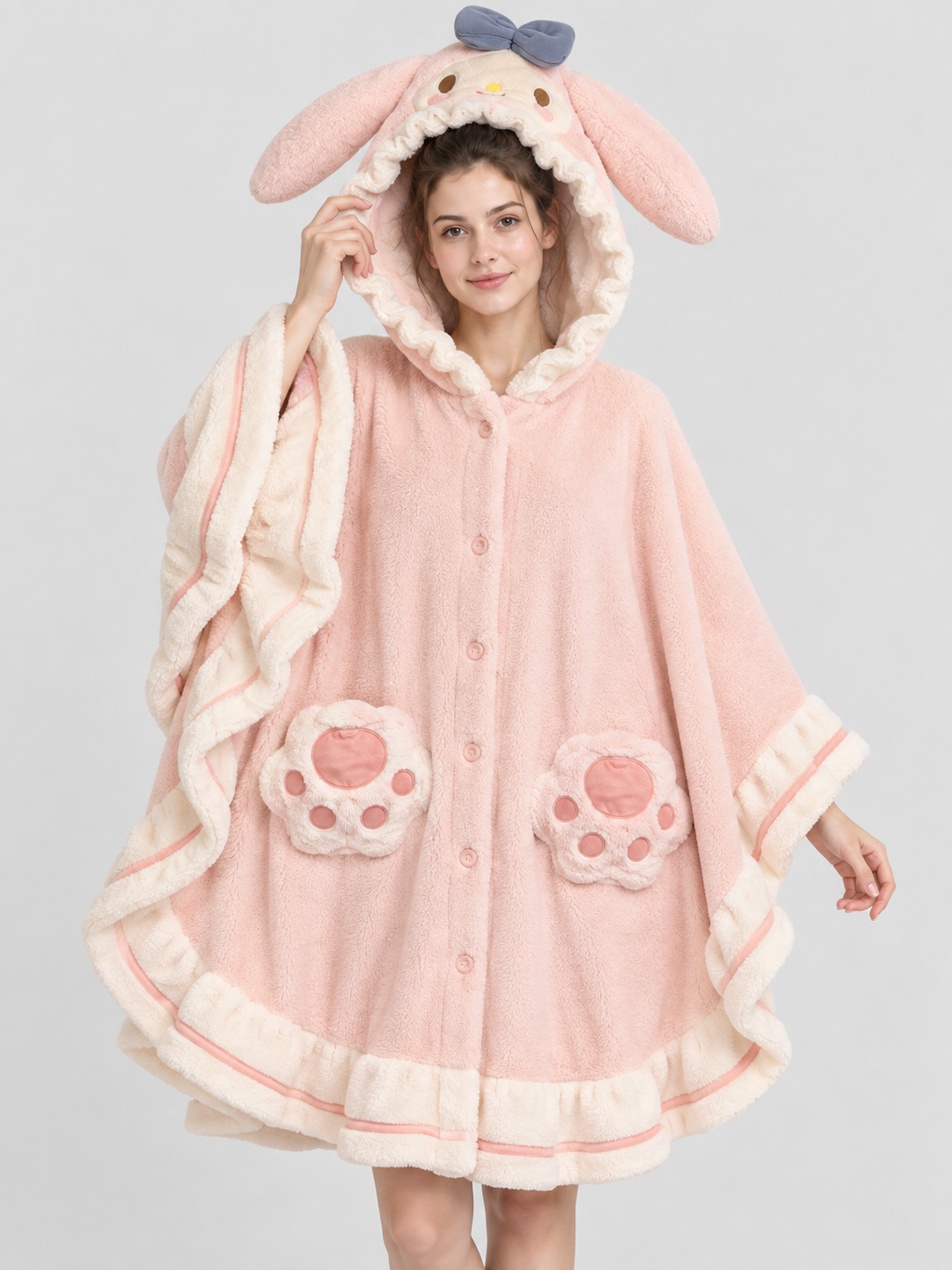 Pink Hooded Coral Fleece Poncho Robe