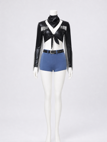 Black Cropped Jacket with Silver Fringe