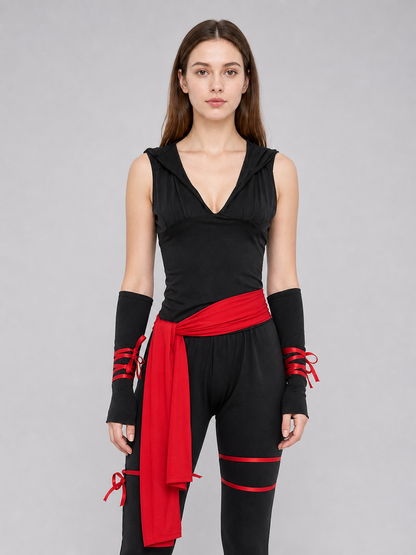Ninja Costume with Mask and Red Belt