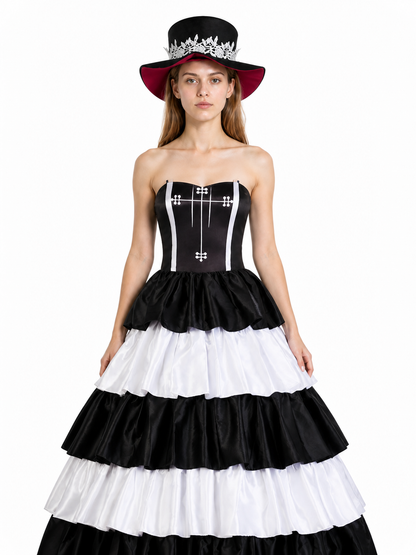 Gothic-Style Dress with Layered Skirt and Hat Costume Dresses detail 2