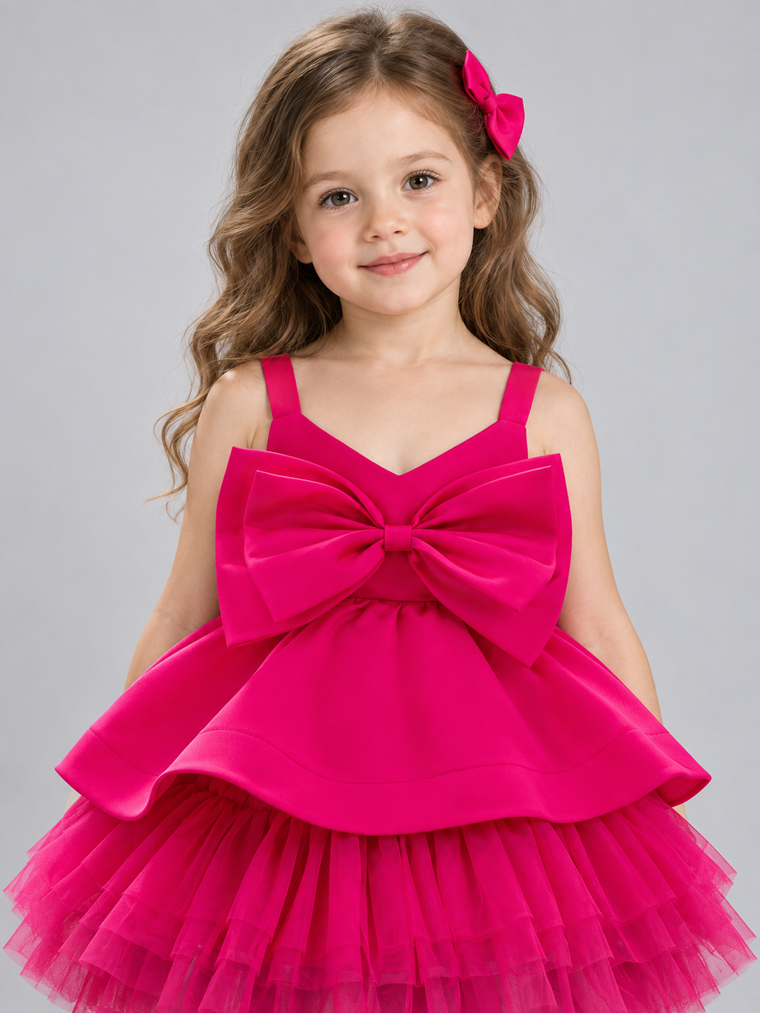 Girls' Festive Dress Bright Pink with Bow