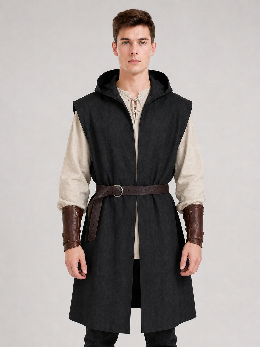 Long Sleeveless Hooded Vest, Black