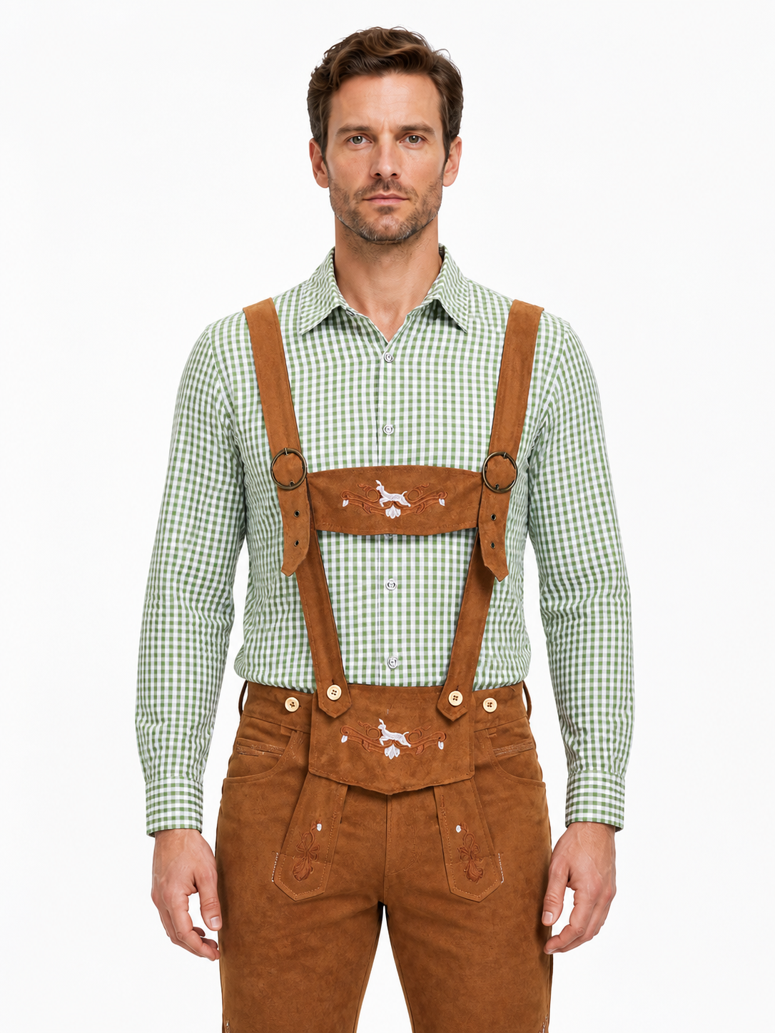 Bavarian Costume with Plaid Shirt and Suspenders upper body view