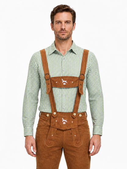 Bavarian Costume with Plaid Shirt and Suspenders upper body view