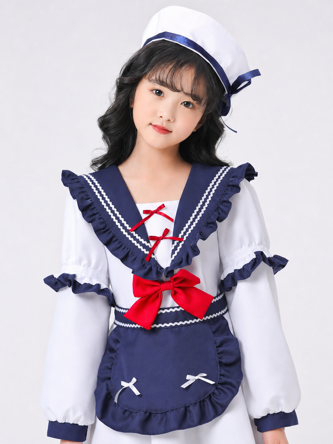 Nautical-style stage costume with bows