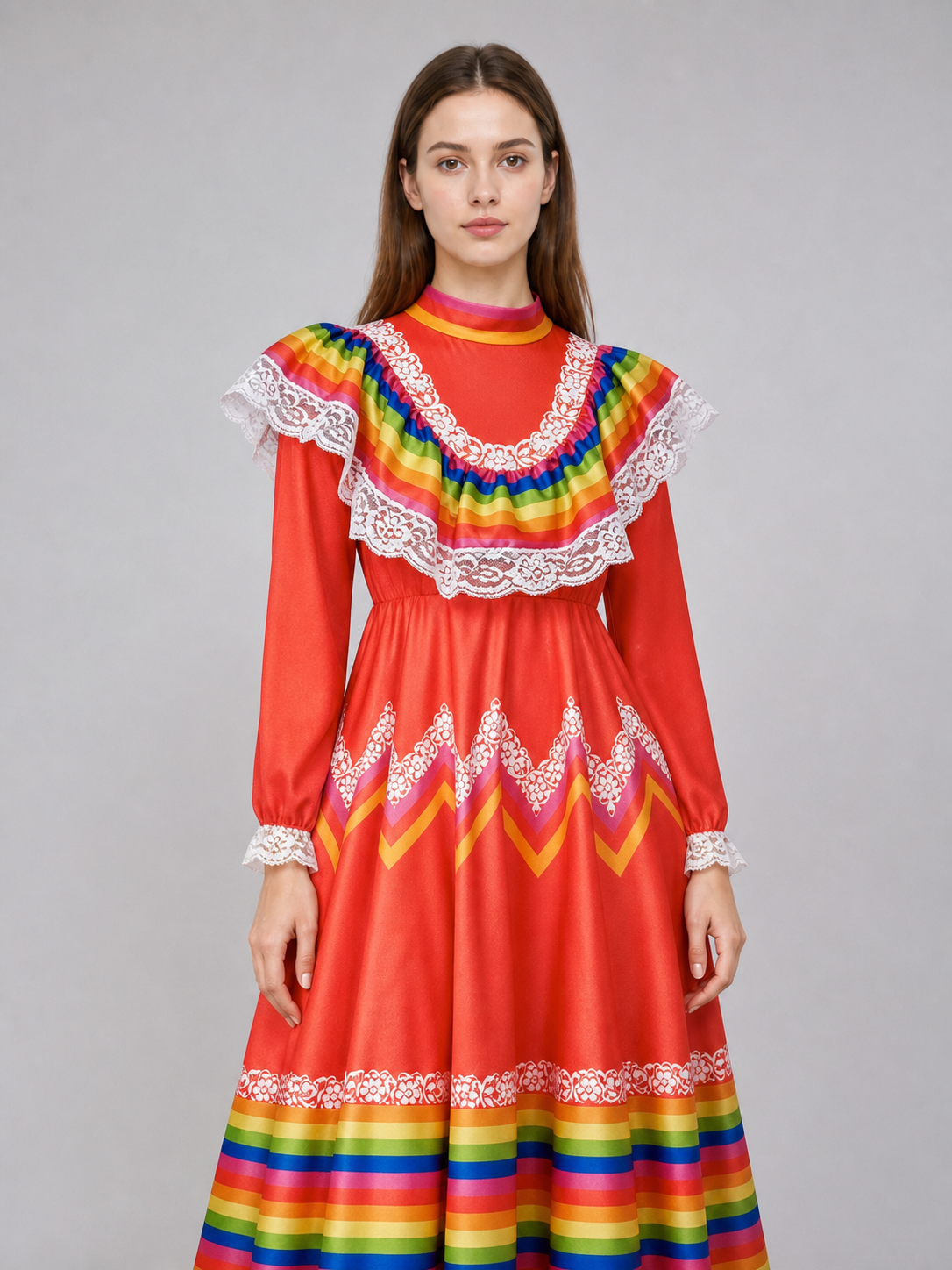 Folk Performance Dress with Long Sleeves