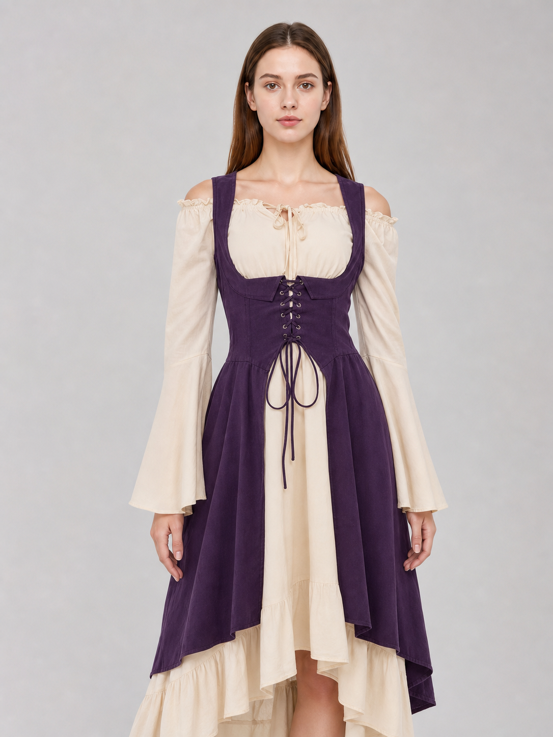 Purple Retro-Style Lace-Up Pinafore Dress