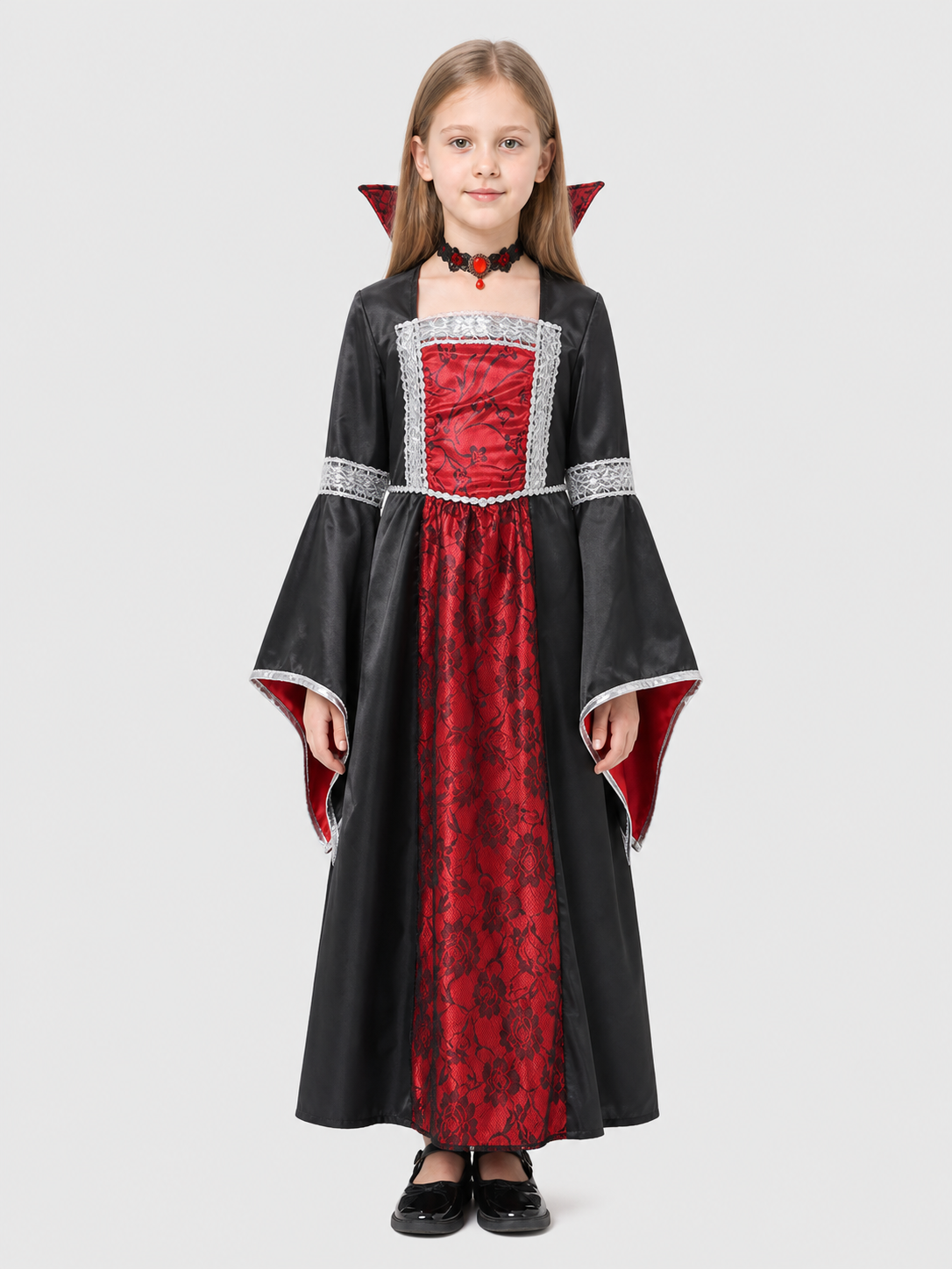 Red Halloween Witch Dress for Girls with Cape and Flowers Costume Dresses detail 2