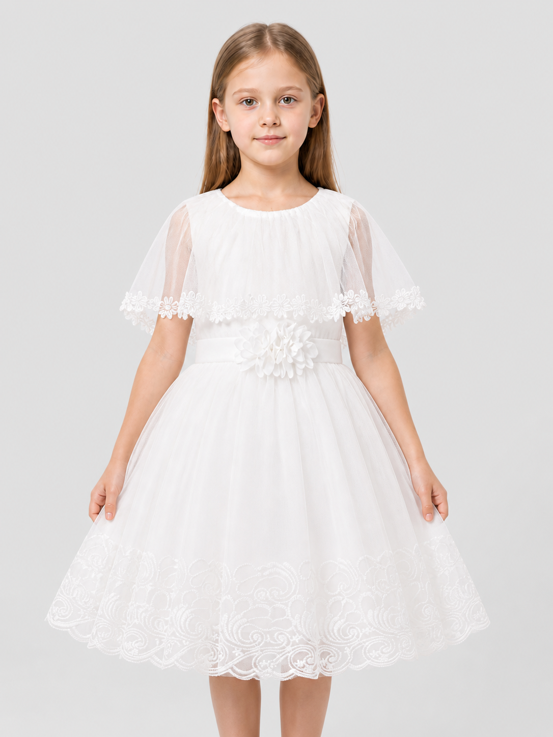 Girls' White Dressy Dress with Lace and Tulle Costume Dresses detail 3