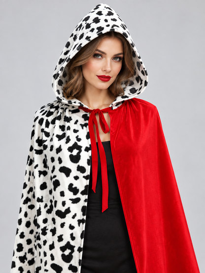 Hooded Cape Cloak, Black-and-White Print, Red Ties