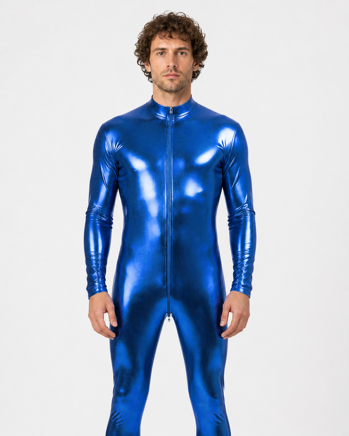 Blue glossy footed jumpsuit with a zipper product detail 3