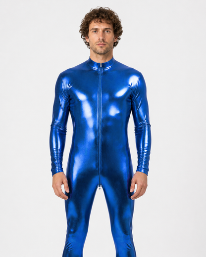 Blue glossy footed jumpsuit with a zipper product detail 3