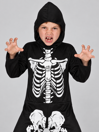 Kids' Skeleton Halloween Costume Black with Hood