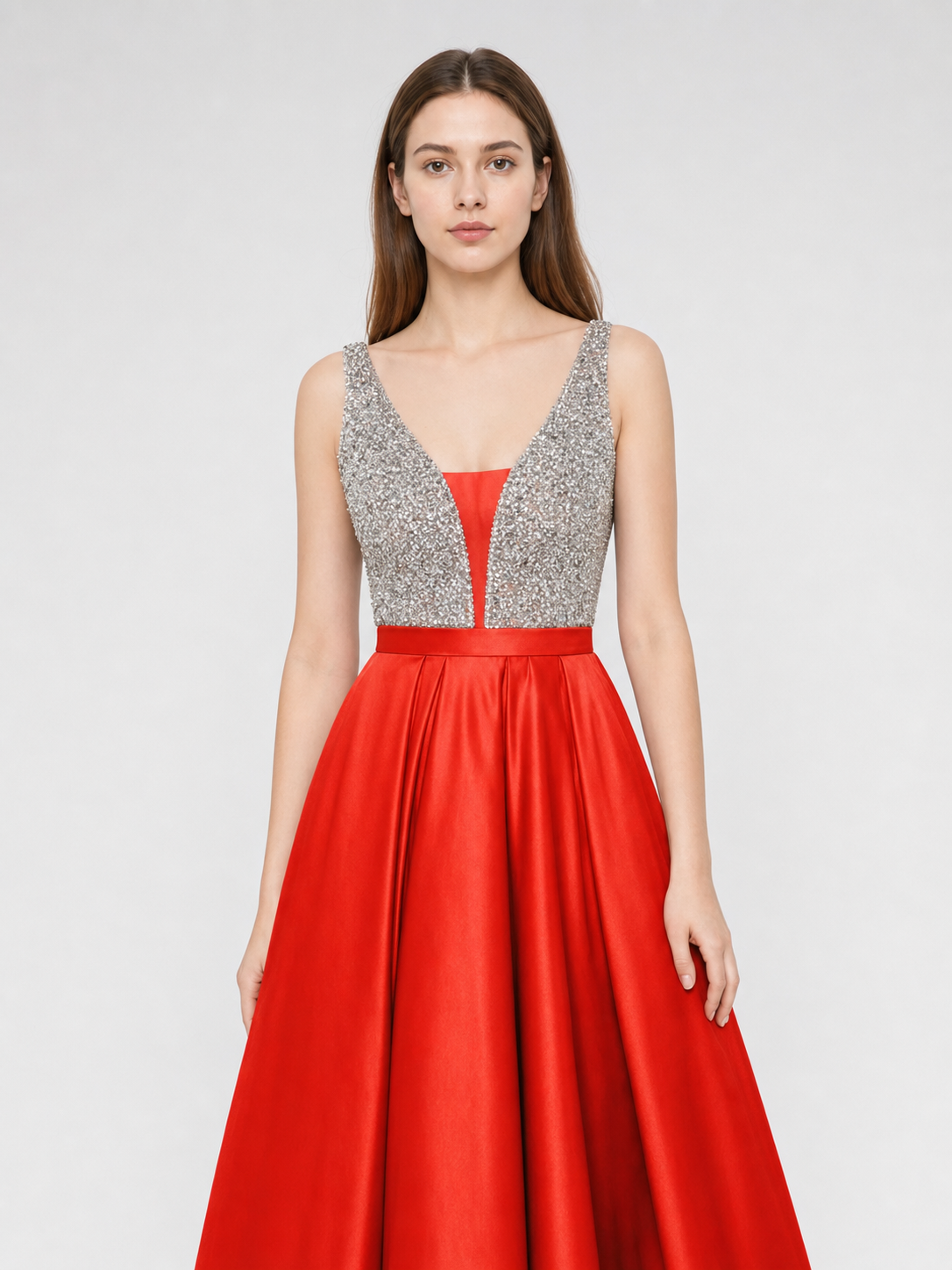 Floor-Length Evening Dress with a Deep V-Neckline