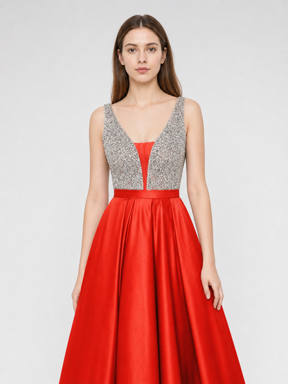 Floor-Length Evening Dress with a Deep V-Neckline