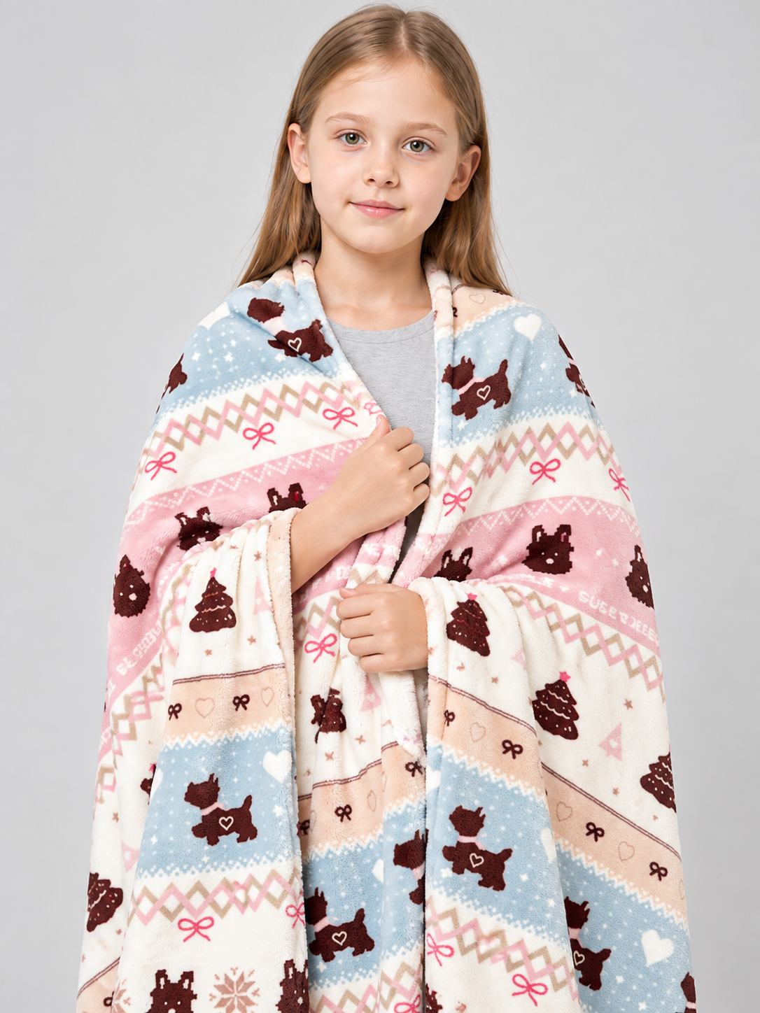 Reversible Fleece Blanket with Dog and Bow Print